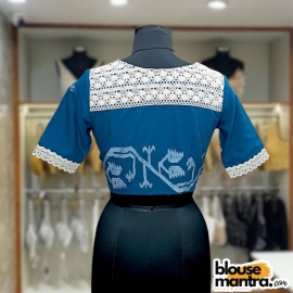 Firoza Blue Jamdani | Off white small Lace on Front & Sleeve | Thick designer lace on back Glass Sleeve