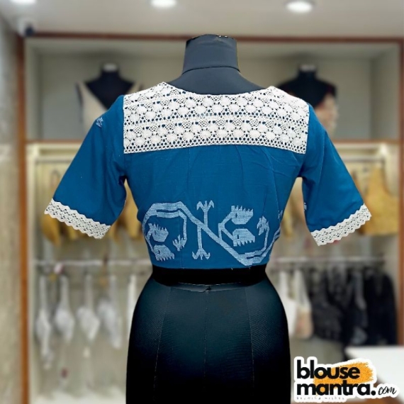 Firoza Blue Jamdani | Off white small Lace on Front & Sleeve | Thick designer lace on back Glass Sleeve