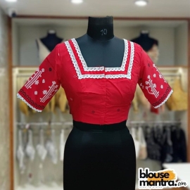 Red Jamdani | Square Neck | Lace Attached Glass Sleeve