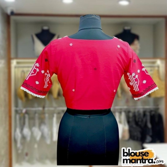 Red Jamdani | Square Neck | Lace Attached Glass Sleeve