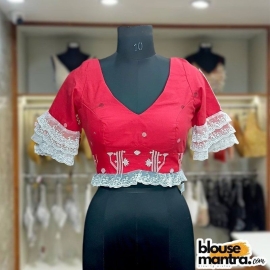  Red Jamdani | White Net Lace On Sleeve & Waist Glass Sleeve