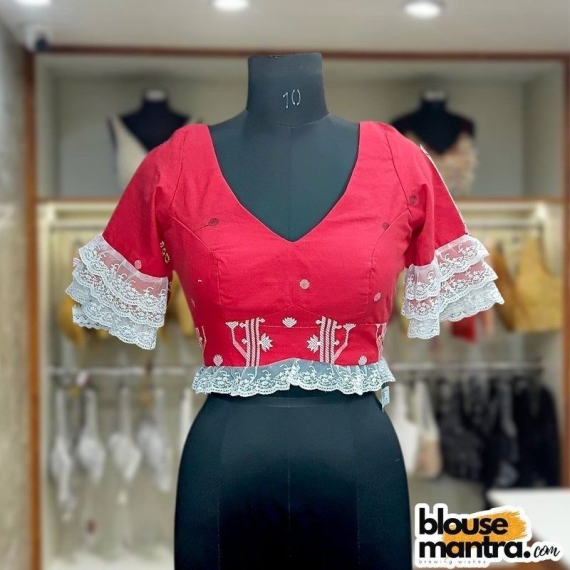  Red Jamdani | White Net Lace On Sleeve & Waist Glass Sleeve