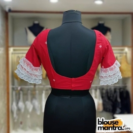  Red Jamdani | White Net Lace On Sleeve & Waist Glass Sleeve