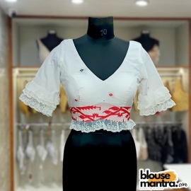  White Jamdani | White Net Lace On Sleeve & Waist Glass Sleeve