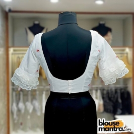  White Jamdani | White Net Lace On Sleeve & Waist Glass Sleeve