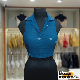 Firoza Blue Jamdani |Black & white Round Weave | Halterneck | Blazer Coller Sleeveless