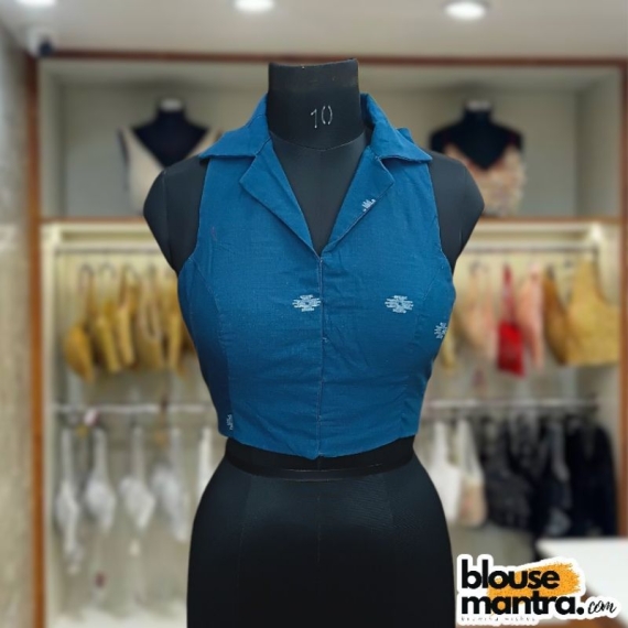 Firoza Blue Jamdani |Black & white Round Weave | Halterneck | Blazer Coller Sleeveless