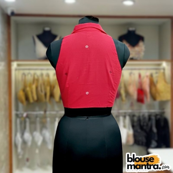 Red Jamdani |White Round Weave | Halterneck | Blazer Coller Sleeveless