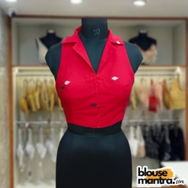  Red Jamdani |White & Black Barfi | Halterneck | Blazer Coller Sleeveless
