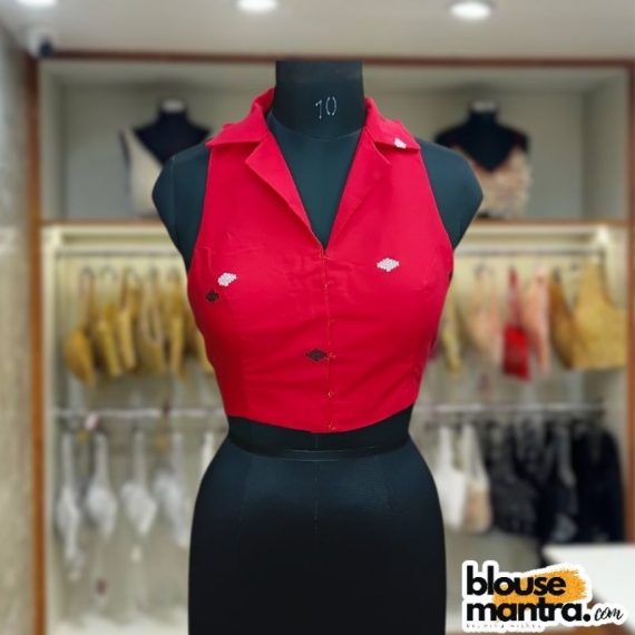  Red Jamdani |White & Black Barfi | Halterneck | Blazer Coller Sleeveless