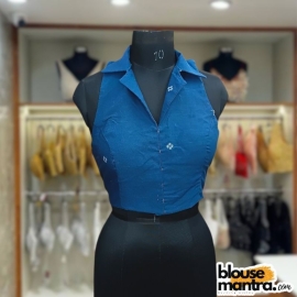 Firoza Blue Jamdani |White Flower Weave | Blazer Coller Sleeveless