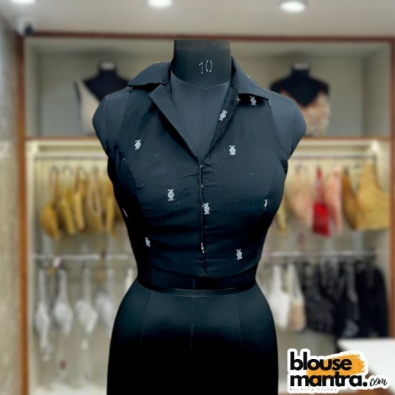 Black Jamdani |White Barfi Weave| Halterneck | Blazer Coller Sleeveless