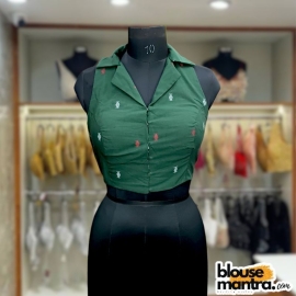  Bottle Green Jamdani | Halterneck | Blazer Coller Sleeveless