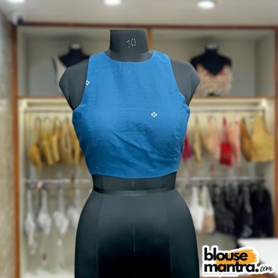  firoza Blue Jamdani | White Flower Weave | Boat Neck | Halterneck Sleeveless