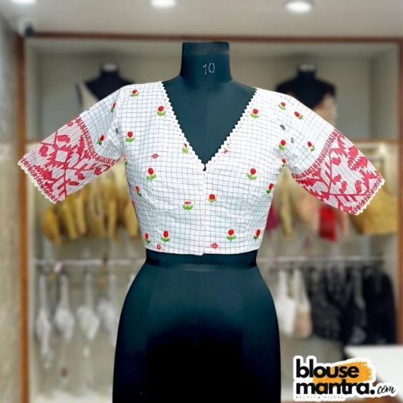 White Check Jamdani | Front V Neck | Back Boat Neck | Lace attached Glass Sleeve