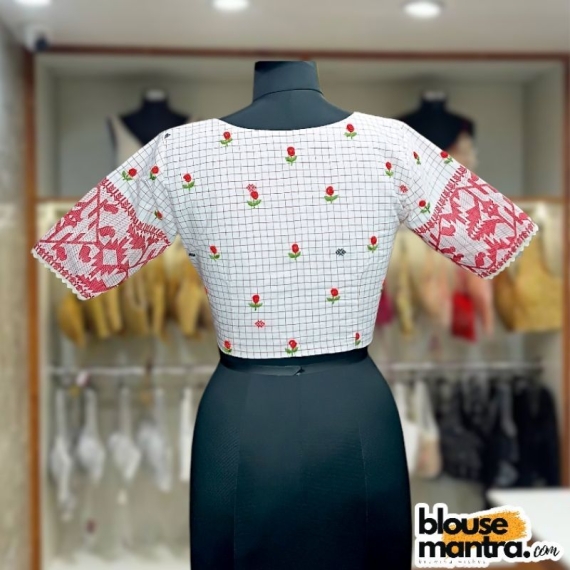 White Check Jamdani | Front V Neck | Back Boat Neck | Lace attached Glass Sleeve