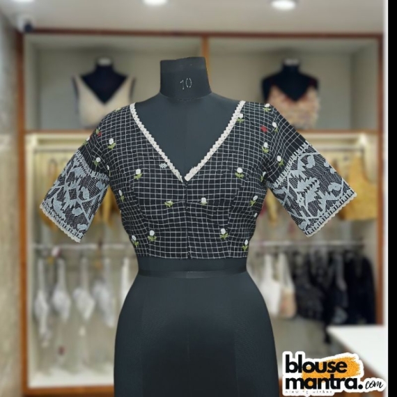 Black Check Jamdani | Front V Neck | Back Boat Neck | Lace attached Glass Sleeve