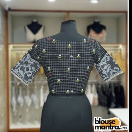 Black Check Jamdani | Front V Neck | Back Boat Neck | Lace attached Glass Sleeve