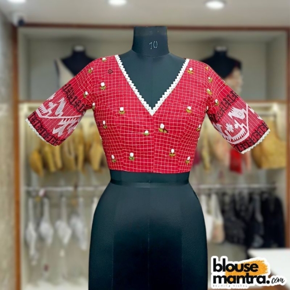  Red Check Jamdani | Front V Neck | Back Boat Neck | Lace attached Glass Sleeve