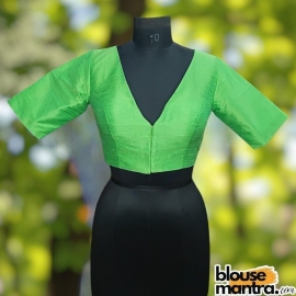 Parrot Green Raw Silk | Front V Neck | Back Boat Neck Glass