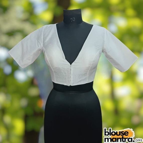  White Raw Silk | Front V Neck | Back Boat Neck Glass Sleeve