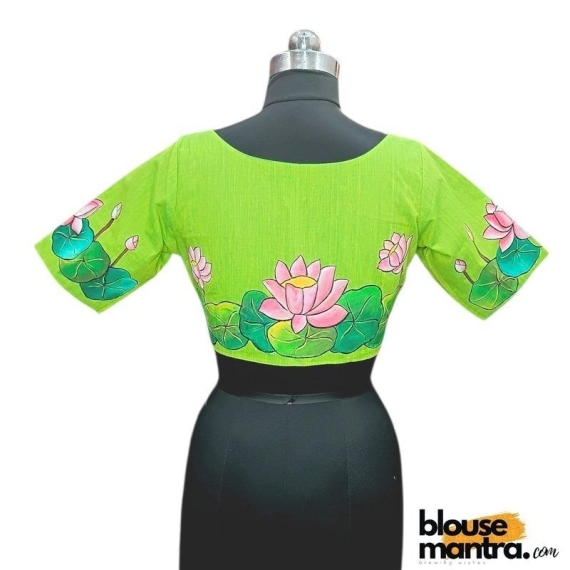 Parrot Green khadi Cotton | Lotus Paint Glass Sleeve