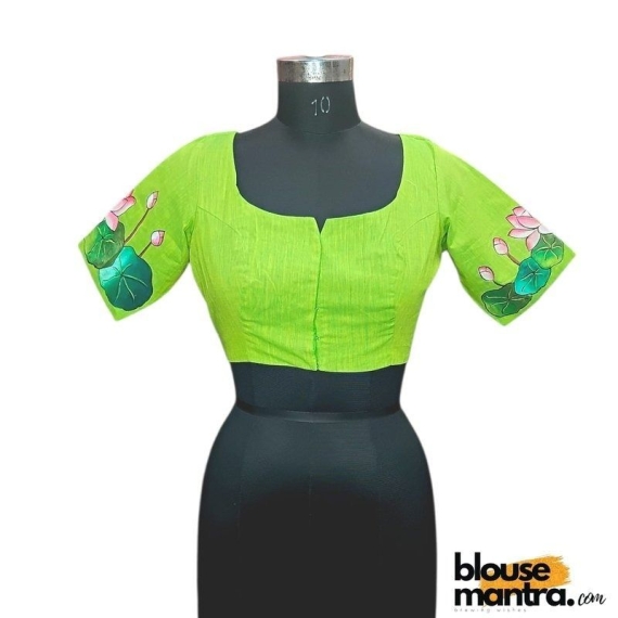 Parrot Green khadi Cotton | Lotus Paint Glass Sleeve