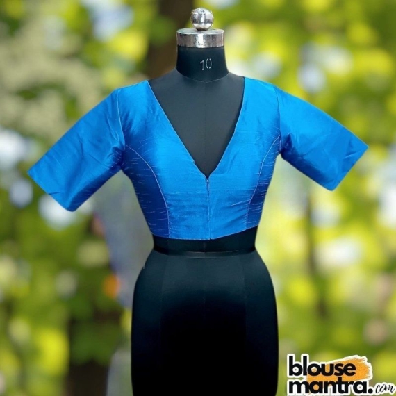 Firoza Blue Raw Silk | Front V Neck | Back Boat Neck Glass Sleeve