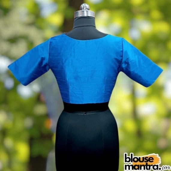 Firoza Blue Raw Silk | Front V Neck | Back Boat Neck Glass Sleeve