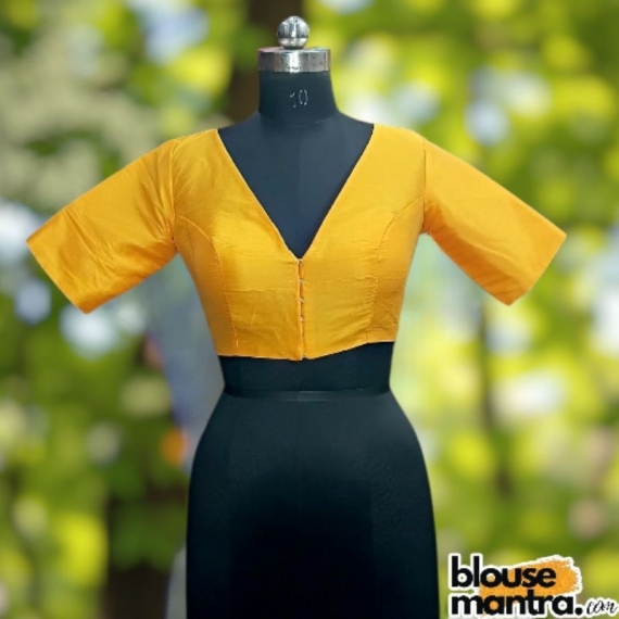 Lite Mustard Raw Silk | Front V Neck | Back Boat Neck Glass Sleeve
