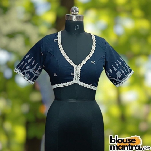  Navy Blue Jamdani | Front Dome Neck | Back Oval Cut Glass Sleeve