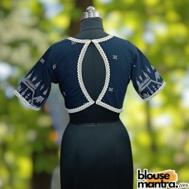  Navy Blue Jamdani | Front Dome Neck | Back Oval Cut Glass Sleeve