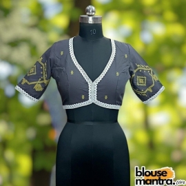 Dark Grey Jamdani | Front Dome Neck | Back Oval Cut Glass Sleeve