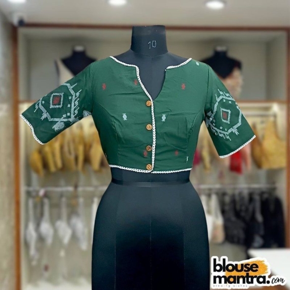 Bottle Green Jamdani | Thin lace all over The Blouse | Front Small V Cut Glass Sleeve