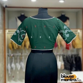 Bottle Green Jamdani | Thin lace all over The Blouse | Front Small V Cut Glass Sleeve