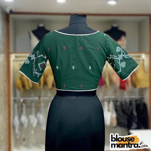 Bottle Green Jamdani | Thin lace all over The Blouse | Front Small V Cut Glass Sleeve