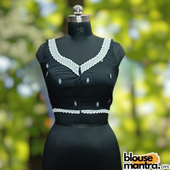  Black jamdani | Barfi | Front & Back Sabyasachi Neckline | Lace Attached Sleeveless
