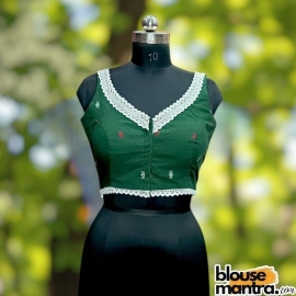 Bottle Green jamdani | Front & Back Sabyasachi Neckline | Lace Attached Sleeveless