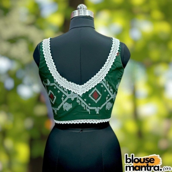 Bottle Green jamdani | Front & Back Sabyasachi Neckline | Lace Attached Sleeveless