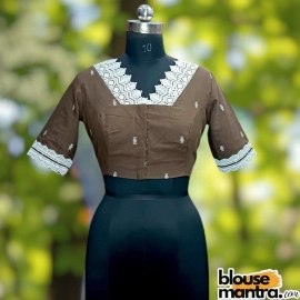 Coffee Jamdani | Big White Lace Atttached | Front V Neck Glass Sleeve