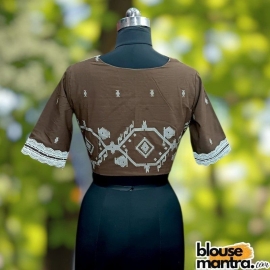 Coffee Jamdani | Big White Lace Atttached | Front V Neck Glass Sleeve