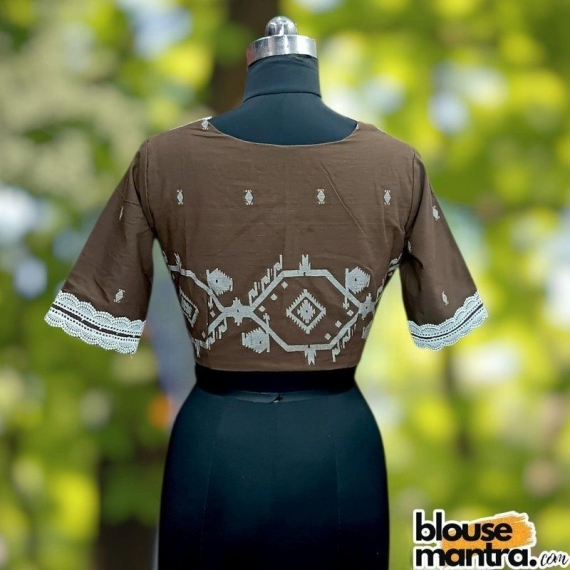 Coffee Jamdani | Big White Lace Atttached | Front V Neck Glass Sleeve