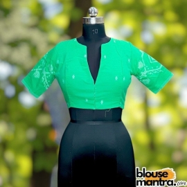 Parrot Green Jamdani | front Small V neck Glass Sleeve