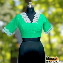  Parrot Green Jamdani | Big White Lace Atttached | Front V Neck Glass Sleeve