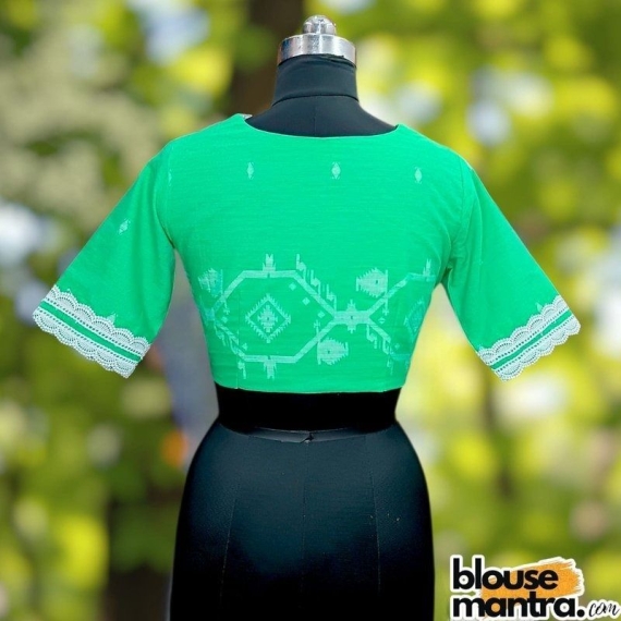  Parrot Green Jamdani | Big White Lace Atttached | Front V Neck Glass Sleeve