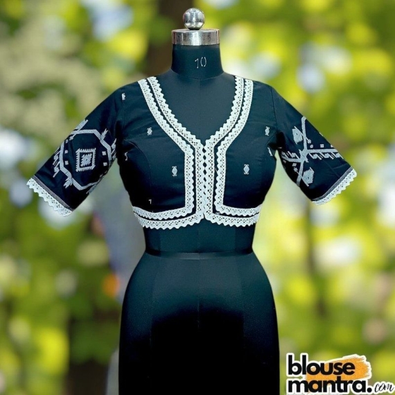 Black Jamdani | Front V Neck | Semi Back Less With Latkan | Lace Attached Glass Sleeve