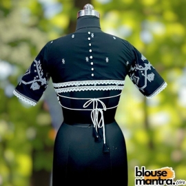 Black Jamdani | Front V Neck | Semi Back Less With Latkan | Lace Attached Glass Sleeve