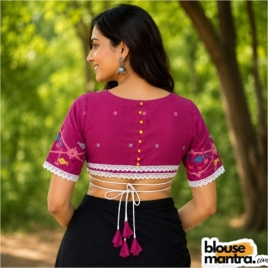  Dark Pink Jamdani | Front V Neck | Semi Back Less With Latkan | Lace Attached Glass Sleeve