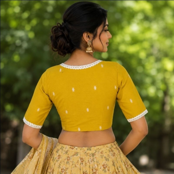 Yellow Jamdani | choli cut |Lace Attached Glass Sleeve