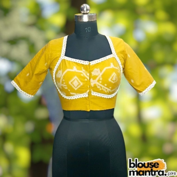 Yellow Jamdani | choli cut |Lace Attached Glass Sleeve